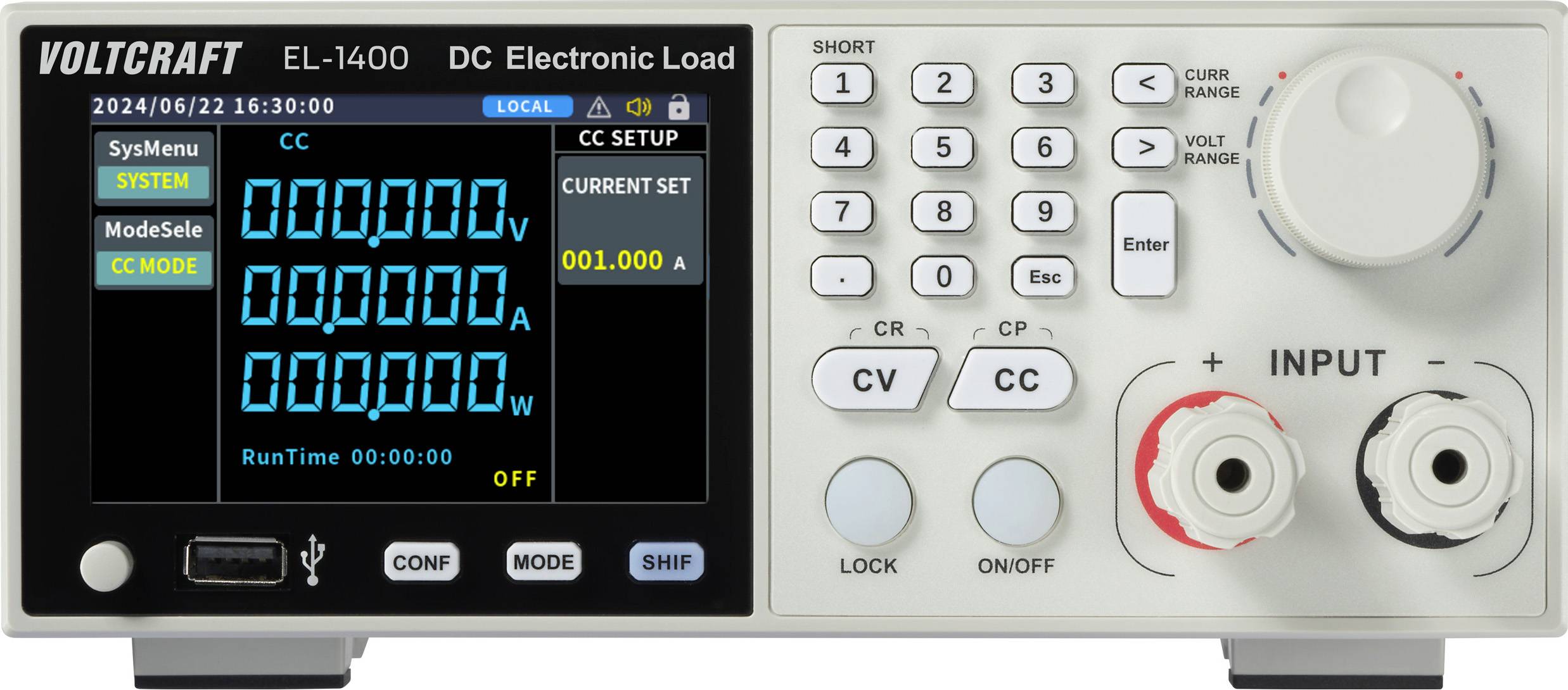 Ein digitales elektronisches Lastgerät mit verschiedenen Tasten und einem Display, das Einstellungen wie Systemkonfiguration, Modusauswahl und Strommessung anzeigt.