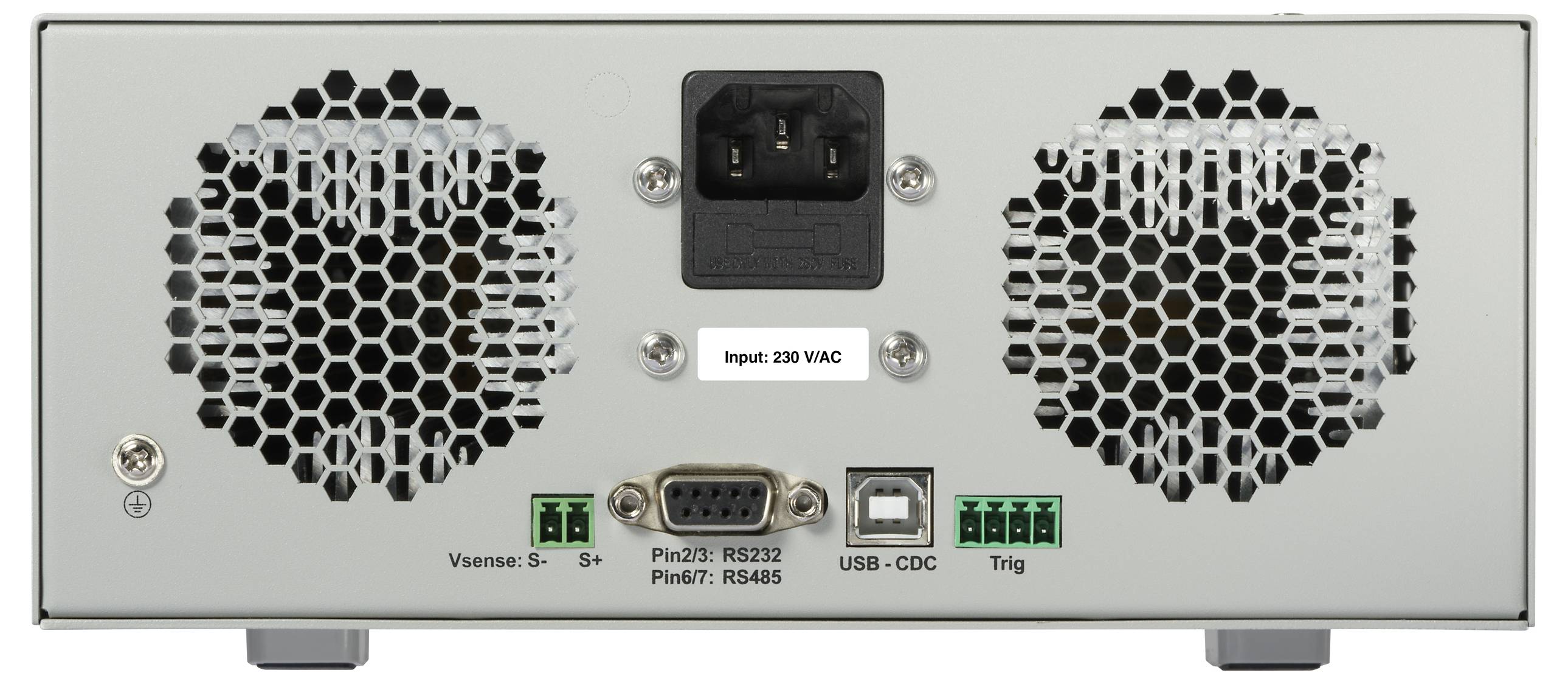 Rückansicht eines elektronischen Geräts mit zwei Lüftern, einer Stromversorgung (220 VAC), USB-Anschluss und RS232/RS485-Schnittstellen.