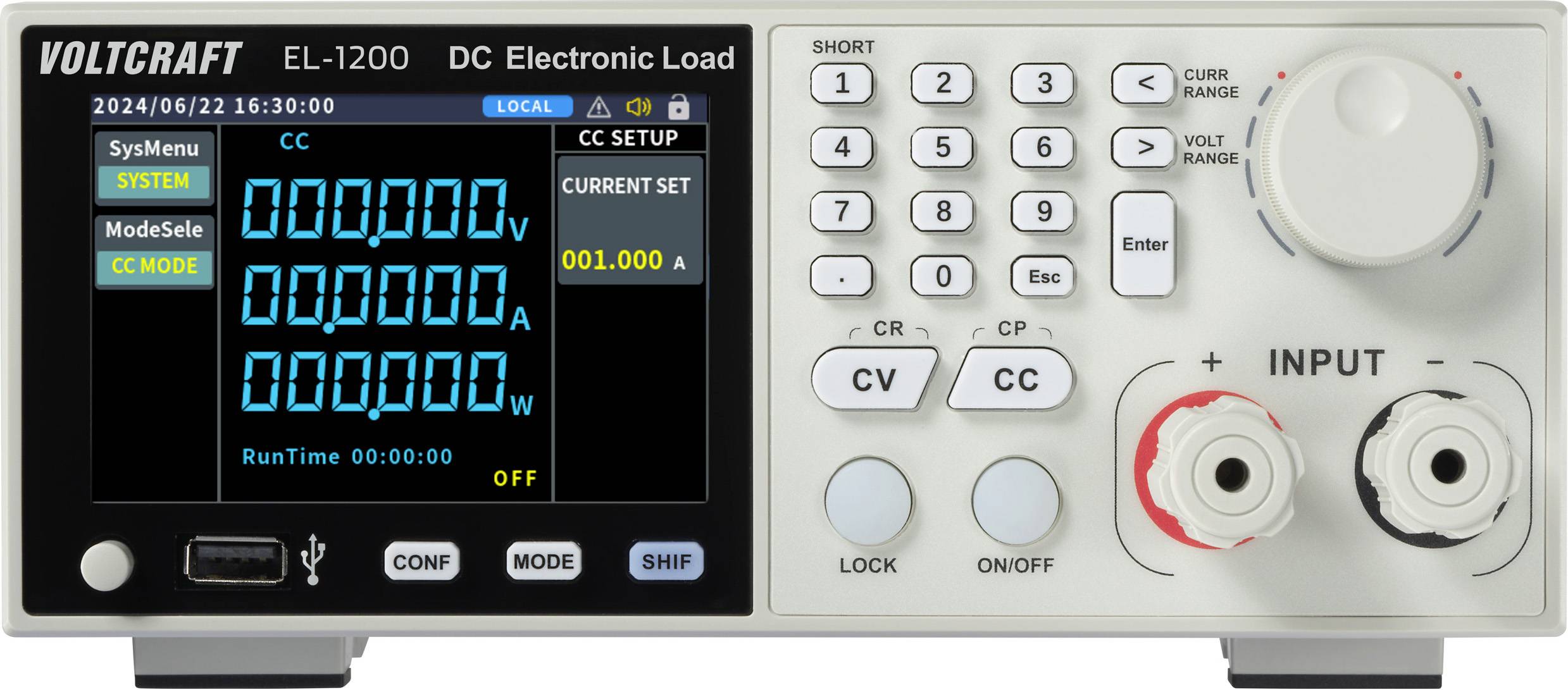 VOLTCRAFT EL-1200 DC Elektronische Last mit digitalem Display, das Systemeinstellungen, Stromstärke, Spannung und Leistung anzeigt. Steuerknöpfe und Bedienelemente befinden sich rechts.