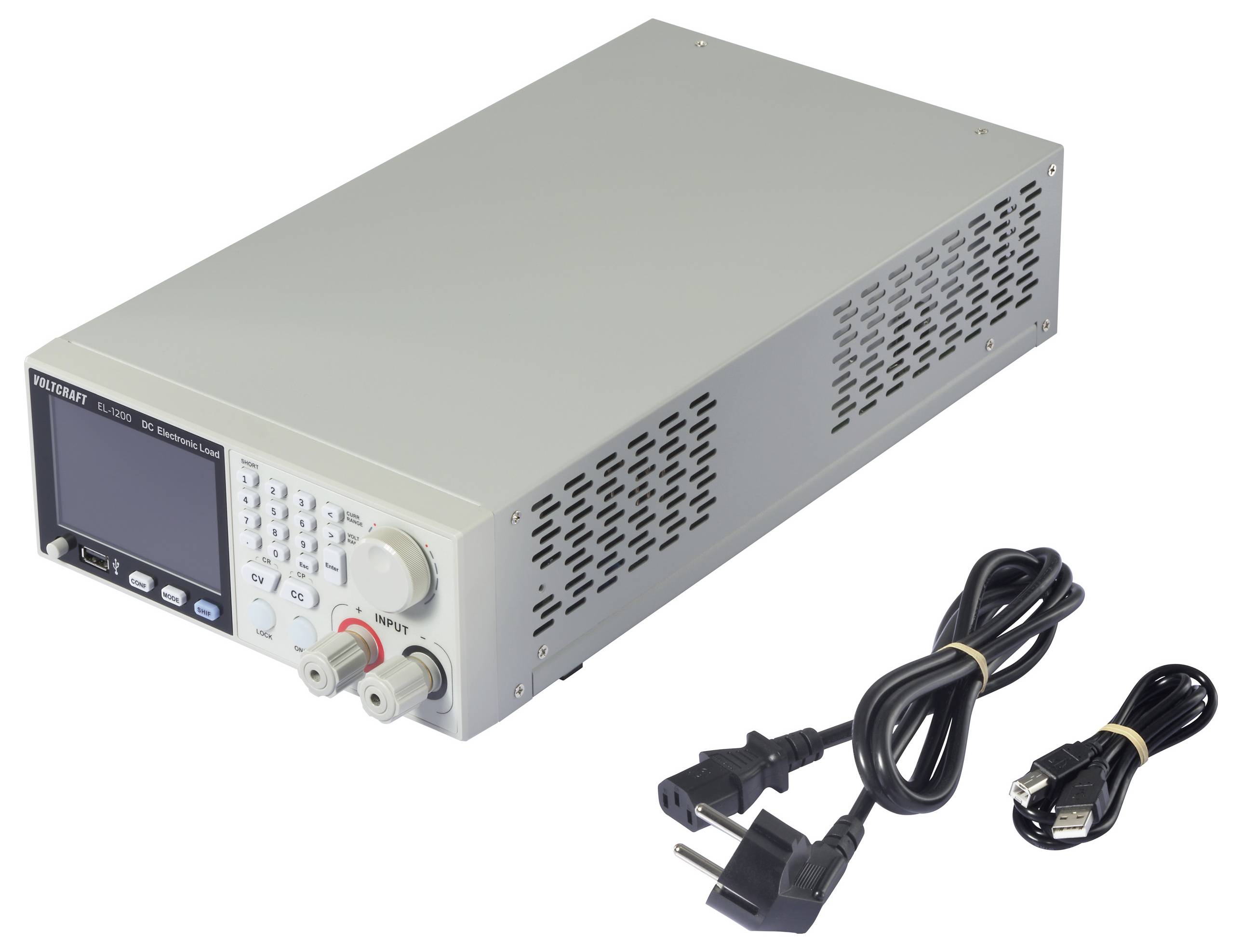 Ein graues programmierbares DC-Netzteil mit digitalen Anzeigen und Bedienelementen, daneben Strom- und USB-Kabel.