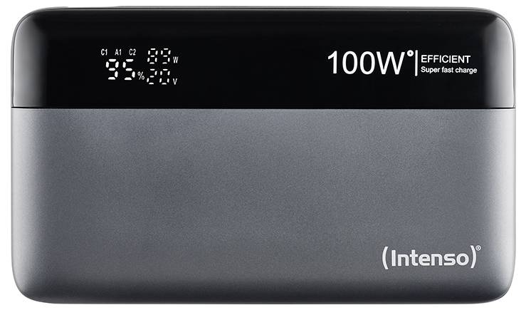Externe Powerbank von Intenso mit 100W Leistung und schnellem Ladevermerk. Oben links ein digitales Display mit Ladeinformationen.