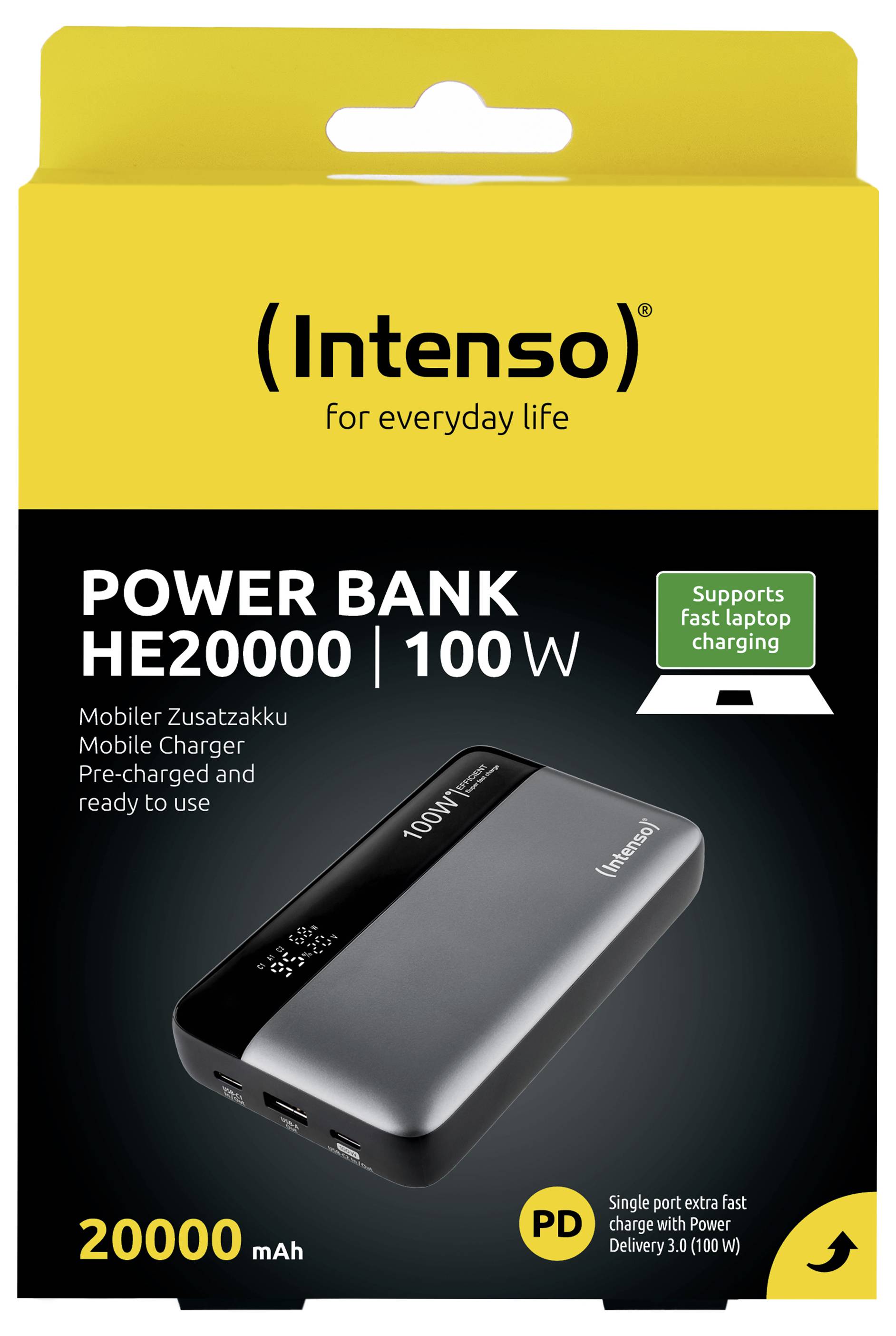 Intenso Power Bank HE20000, 100 W, schwarz. Unterstützt schnelles Laptop-Aufladen, 20000 mAh Kapazität, kompakt und robust.