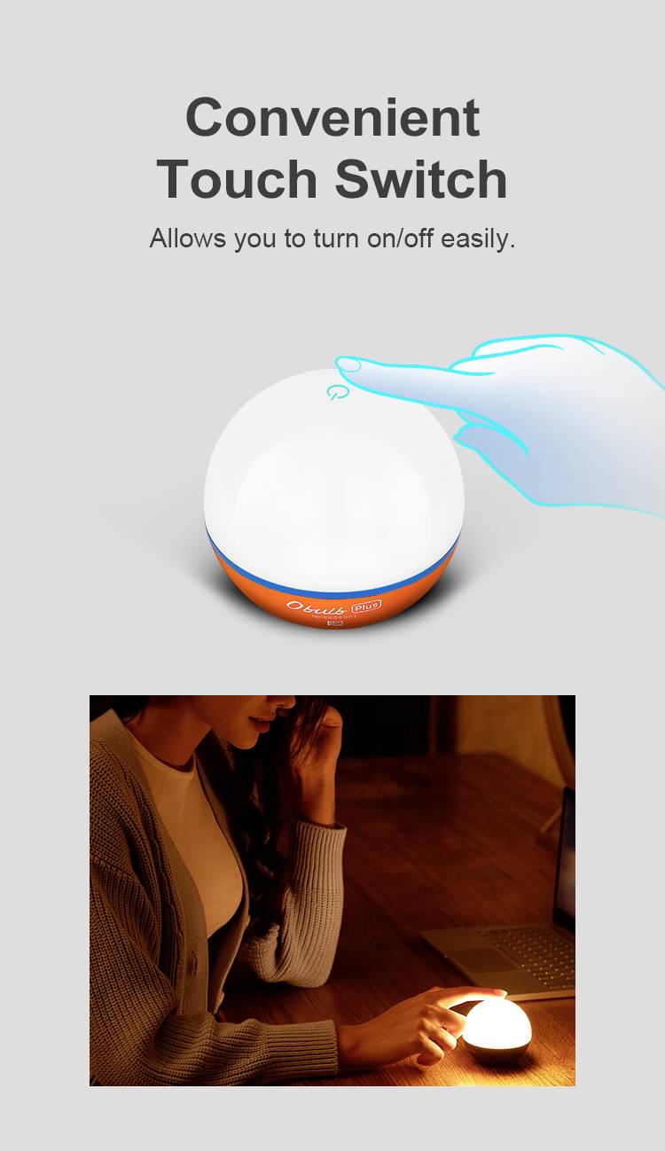 Eine Lampe mit Berührungsschalter. Oben wird eine Hand gezeigt, die die Lampe einschaltet. Unten eine Frau mit eingeschalteter Lampe bei Tisch.