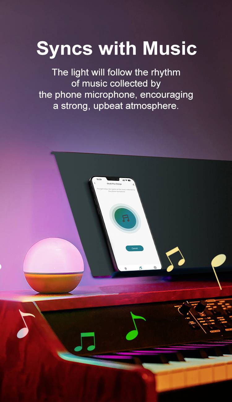 Ein beleuchtetes Gerät synchronisiert sich mit Musik, gesteuert von einer App auf dem Smartphone. Bunte Noten schweben über einem Klavier.