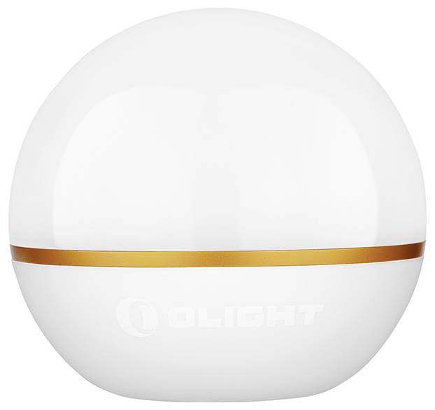 Eine kugelförmige, weiße Lampe mit einem goldenen Streifen um die Mitte, auf der 'OLIGHT' steht.