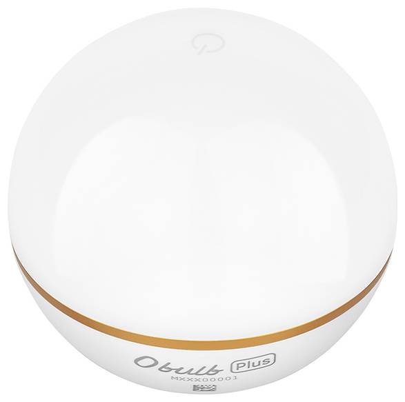 Kugelartige, weiße WLAN-Steckdose mit orangefarbener Umrandung und einem Symbol oben.