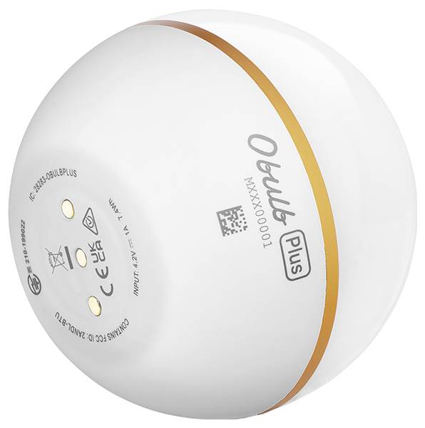 Kleine, runde, weiße Lampe mit orangefarbenem Streifen und der Aufschrift 'Obulb Plus'.