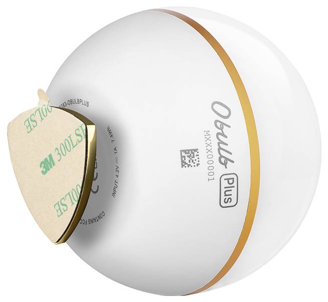 Runder, weißer Obus Plus-Sensor mit goldener Linie und klebender Rückseite, markiert mit 'Obus Plus MXXX00001'.