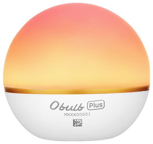 Beleuchtete LED-Lampe in Kugelform mit orange-gelbem Schimmer und 'Obulb Plus' Aufschrift auf der unteren weißen Hälfte.