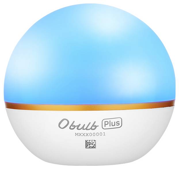 Eine kugelförmige Lampe mit blauem Leuchten und einem orangefarbenen Ring, beschriftet mit 'Obulb Plus'. Ideal für stimmungsvolle Beleuchtung.