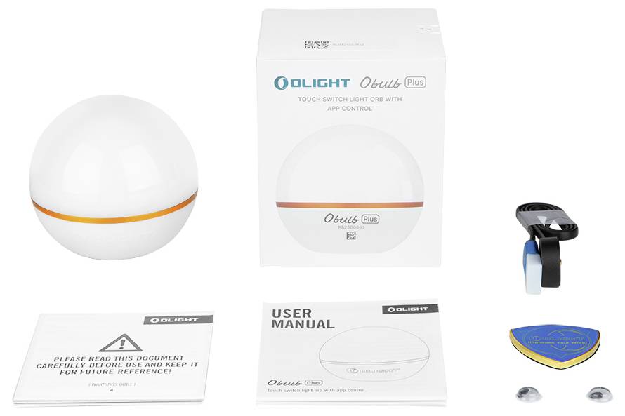 Kugelförmiges LED-Licht mit Bedienungsanleitung, Ladegerät und Sicherheitsinformationen; verpackt in einer weißen Box mit 'Olight Obulb Plus' Aufdruck.