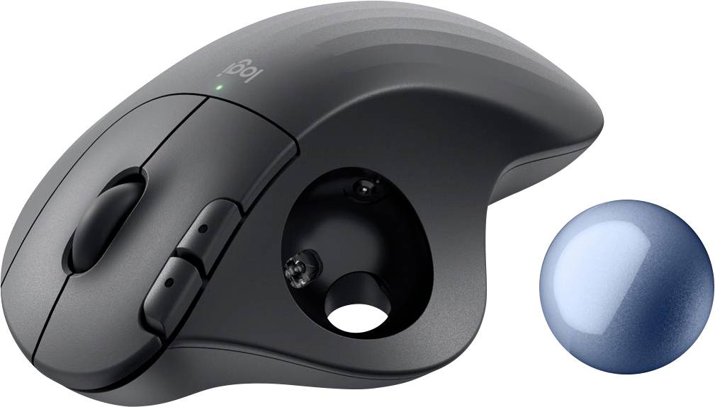 Ergonomische, schwarze Trackball-Maus mit abnehmbarem blauen Trackball, ideal für komfortable, präzise Steuerung ohne Handbewegungen.