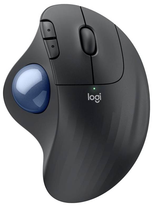 Eine schwarze ergonomische Computermaus mit blauem Trackball und zwei Tasten, ideal für komfortables Navigieren.