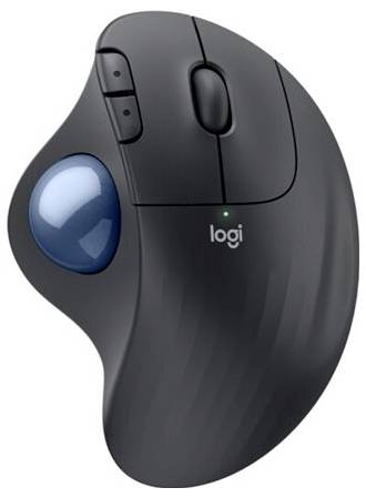 Kugelförmige graue Computermaus mit blauer Trackball links. Zwei Tasten und Scrollrad oben. Markenlogo 'logi' sichtbar.