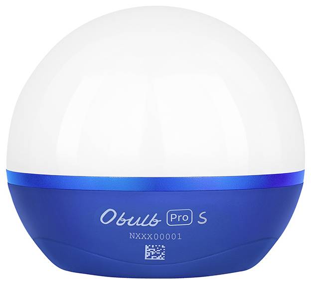 Blauer und weißer, kugelförmiger elektrischer Gegenstand mit der Aufschrift 'Obulb Pro S, NXXX00001'.