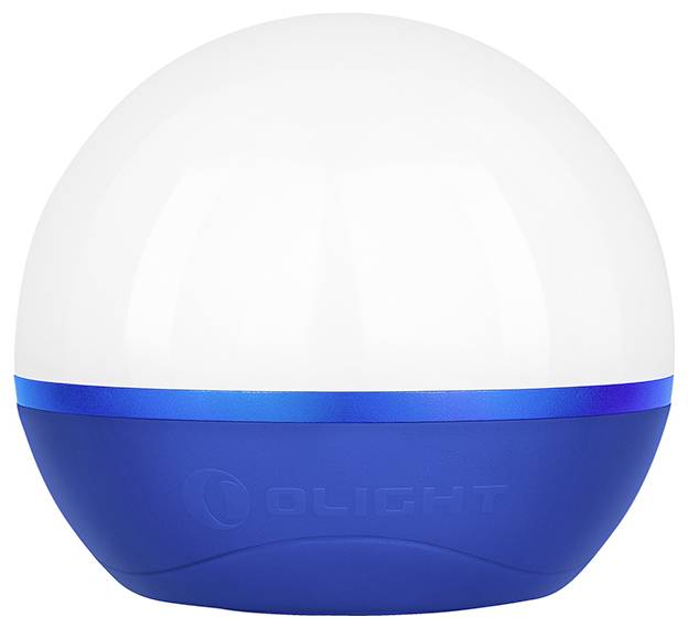Eine kugelförmige LED-Lampe mit weißer Oberseite und blauer Basis, geeignet zur Beleuchtung und Dekoration, mit dem Schriftzug 'Olight'.
