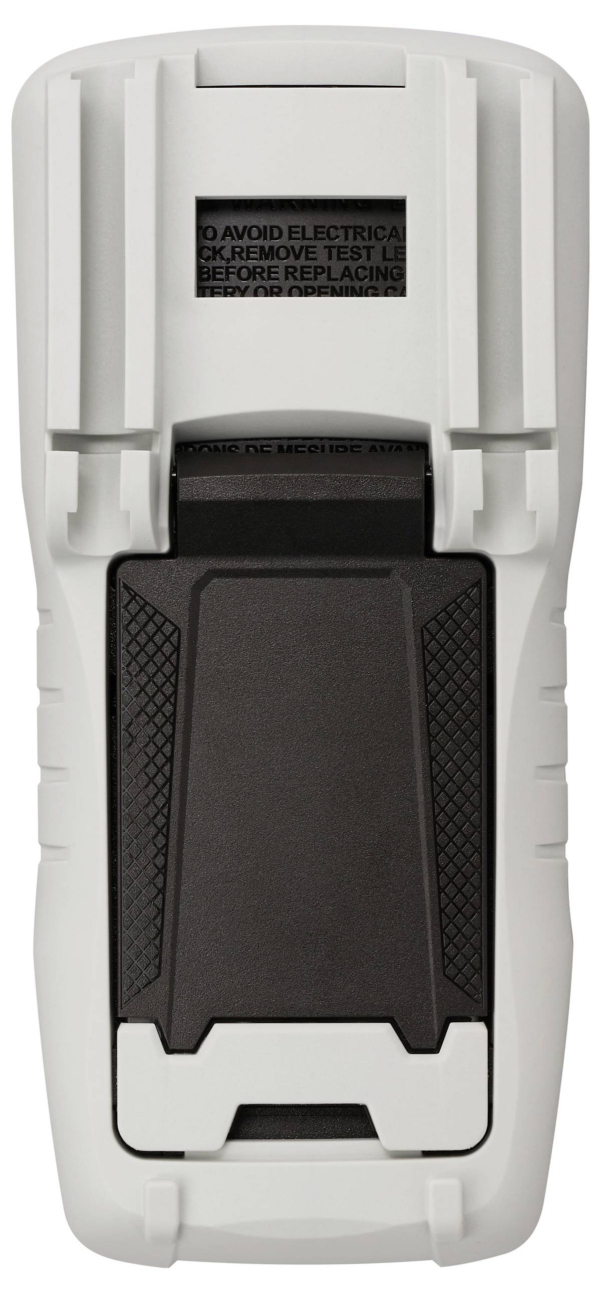 Ein Handgerät in Weiß und Schwarz, mit einem Warnaufkleber oben, der auf elektrische Sicherheitsvorkehrungen hinweist.