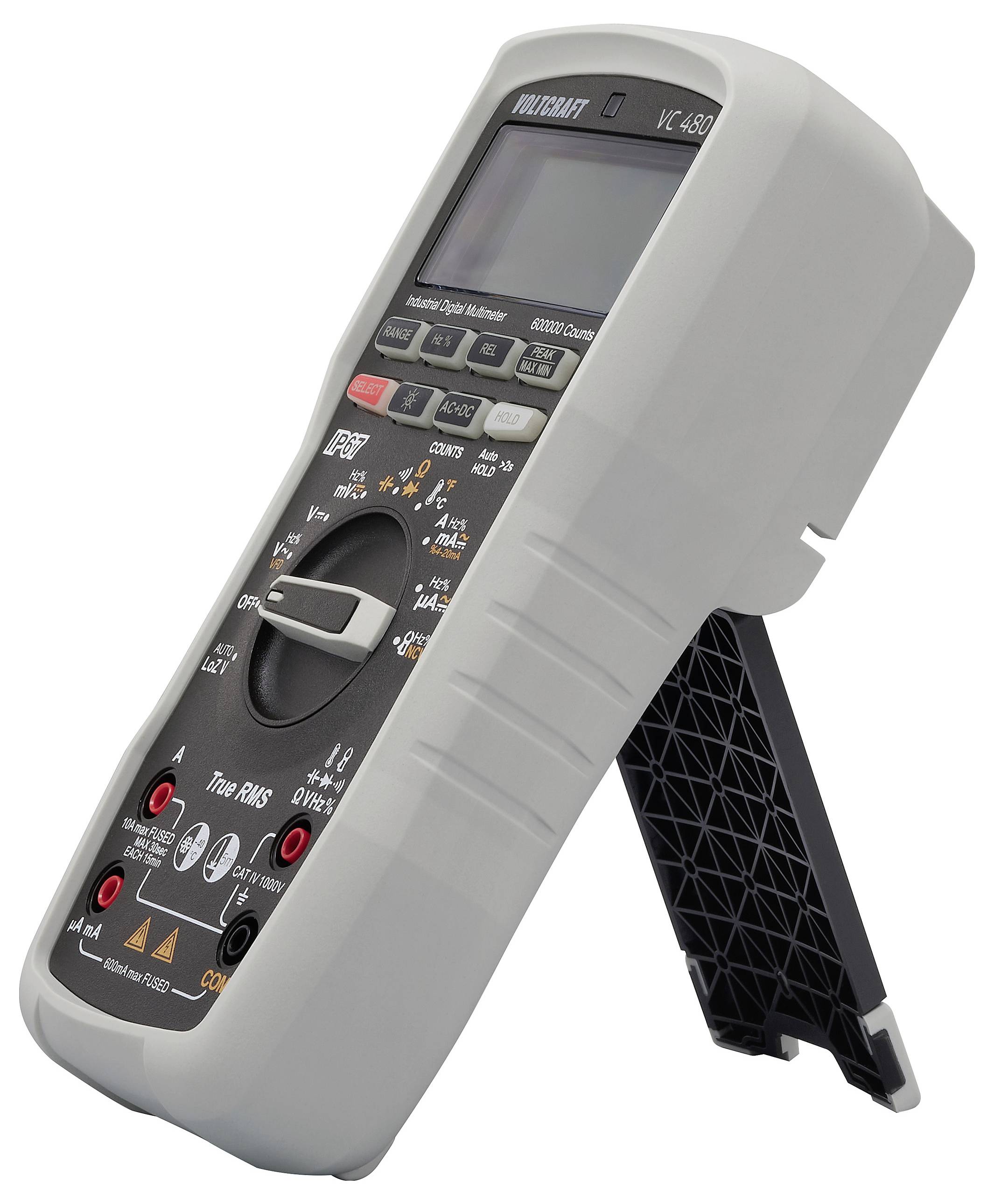 Digitalmultimeter mit Display und Drehschalter, stützt sich auf einem schwarzen Ständer. Dient zur Messung elektrischer Einheiten.