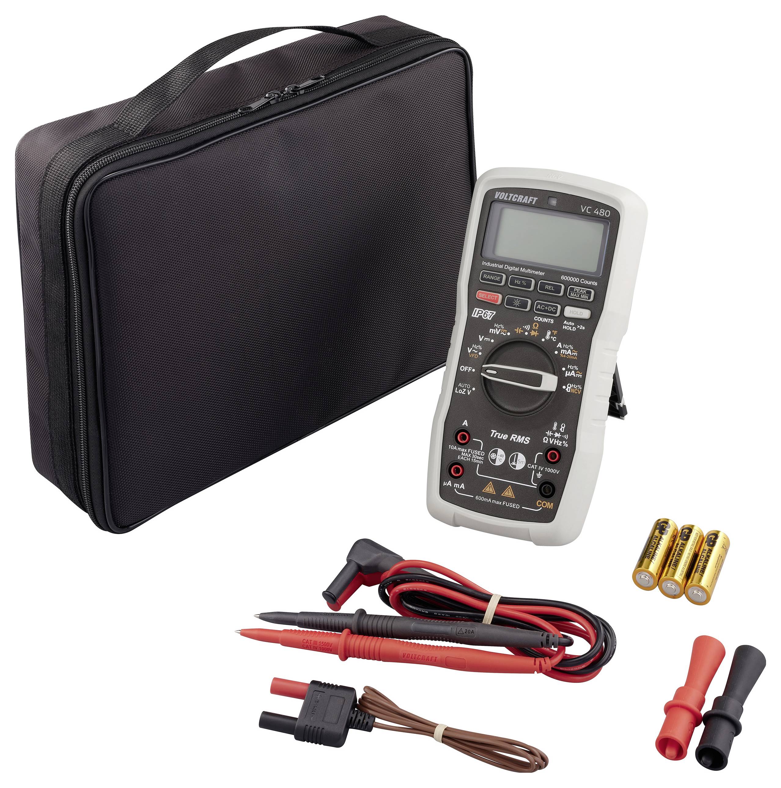 Digitalmultimeter-Set bestehend aus einem Multimeter, Messleitungen, Batterien und einer Tragetasche, geeignet für elektrische Messungen.