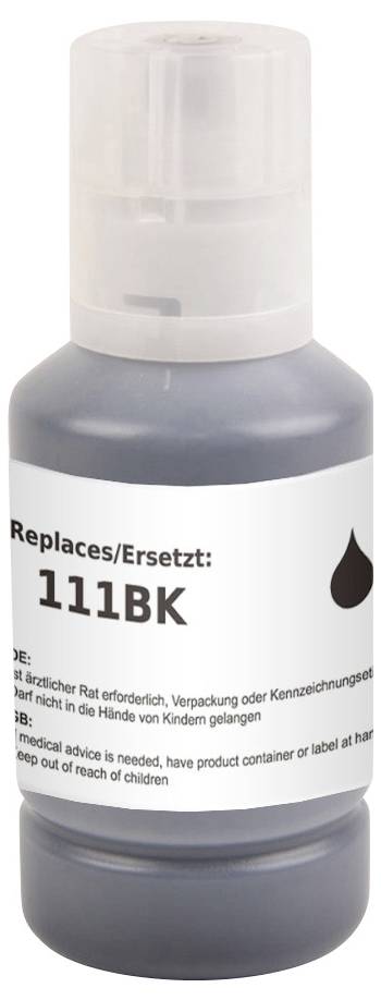 Flasche schwarzer Tinte, beschriftet mit 111BK, mit Gebrauchsanweisungen in mehreren Sprachen. Außerhalb der Reichweite von Kindern aufbewahren.