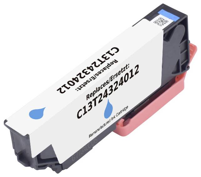 Eine wiederbefüllte Tintenpatrone mit einem Etikett, das „Replaces/Ersetzt: C13T24324012