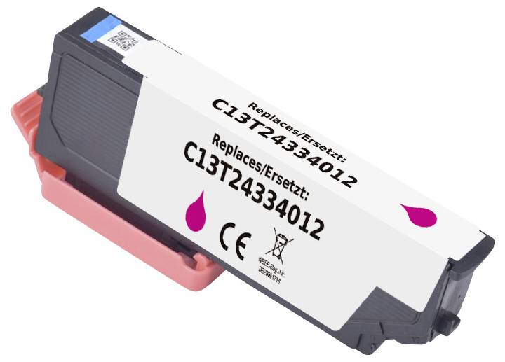 Eine kompatible Magenta-Druckertonerkassette mit der Kennzeichnung 'Replaces/Ersatz: C13T24334012', versehen mit Recycling- und CE-Konformitätssymbolen.