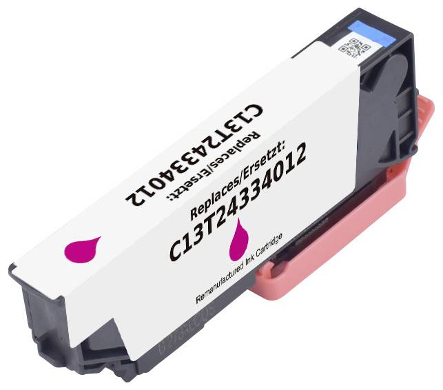 Eine schwarze Tintenpatrone mit einem weißen Etikett, auf dem 