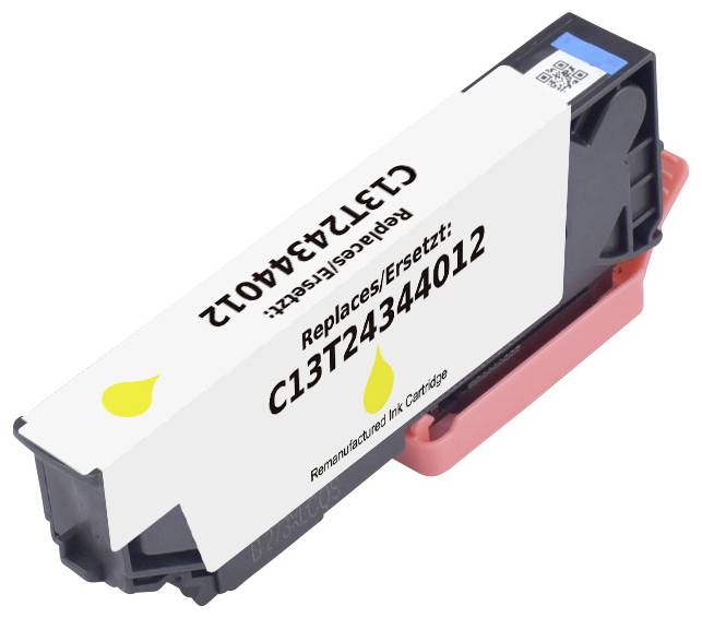 Eine Tintenpatrone mit der Beschriftung 'Replaces/Ersetzt: C13T24344012' und einem gelben Tintentropfen-Symbol, die anzeigt, dass es sich um einen überarbeiteten Ersatz handelt.