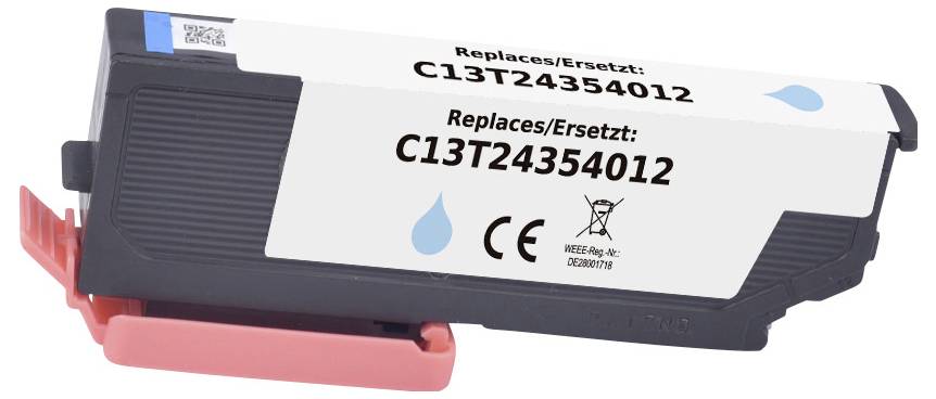 Tintenpatrone mit der Bezeichnung C13T24354012 und einem blauen Tropfen-Symbol, was auf die Kompatibilität mit bestimmten Druckermodellen hinweist.