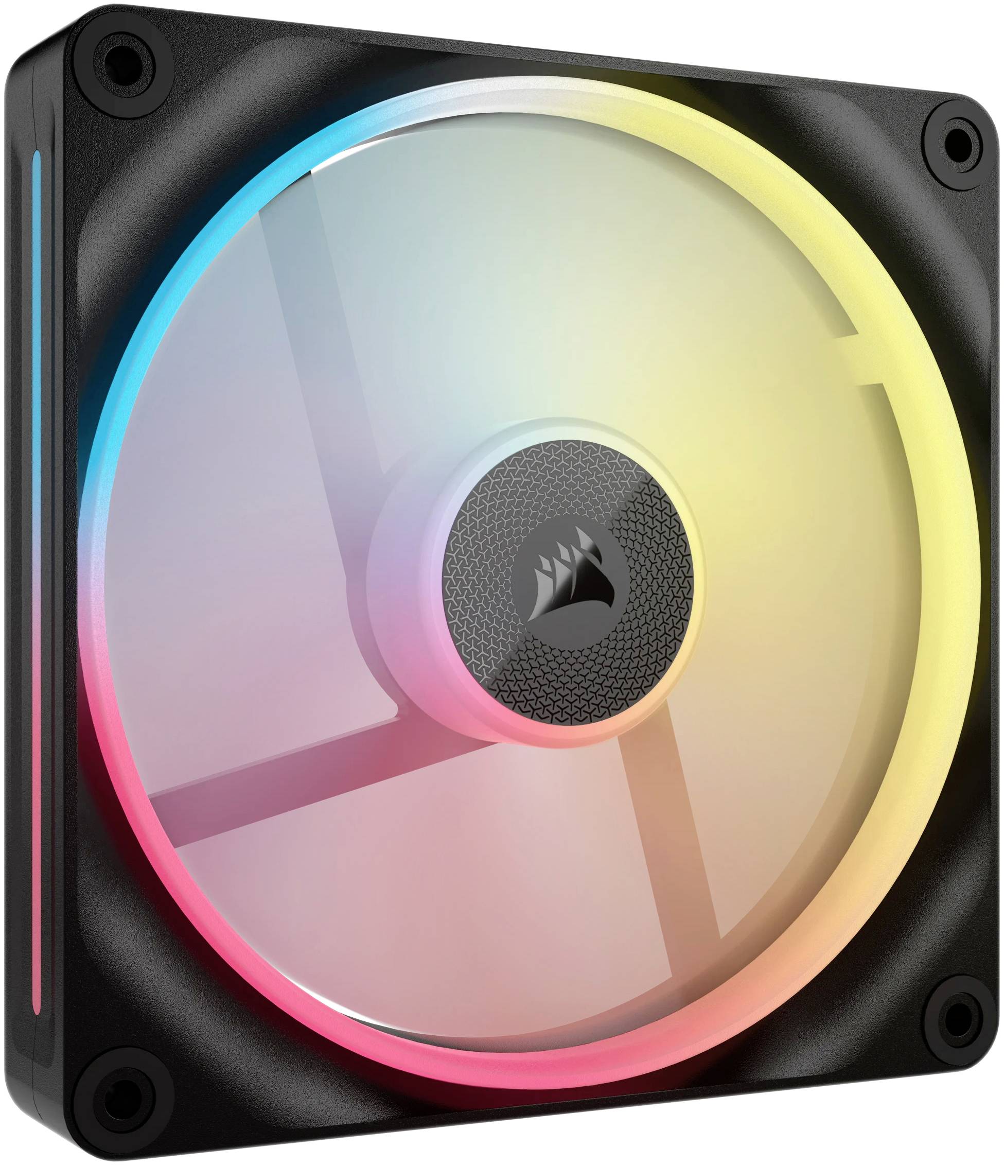 Lüfter mit mehrfarbiger LED-Beleuchtung, geeignet für Computergehäuse. Zeigt ein leuchtendes, kreisförmiges Muster auf schwarzem Rahmen.
