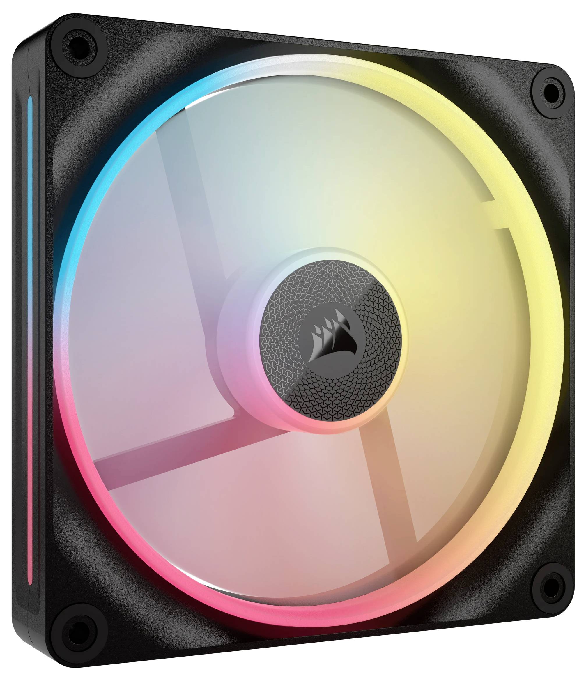 PC-Lüfter mit LED-Beleuchtung; zeigt Regenbogenfarben und das Logo eines Herstellers in der Mitte.