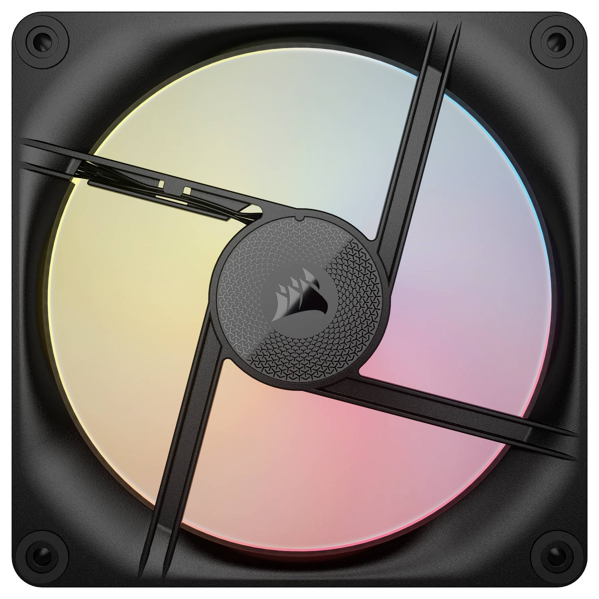 Ein quadratischer PC-Lüfter mit RGB-Beleuchtung, die sanft in verschiedenen Farben leuchtet. Schwarzer Rahmen mit zentralem Lüfterschutz.