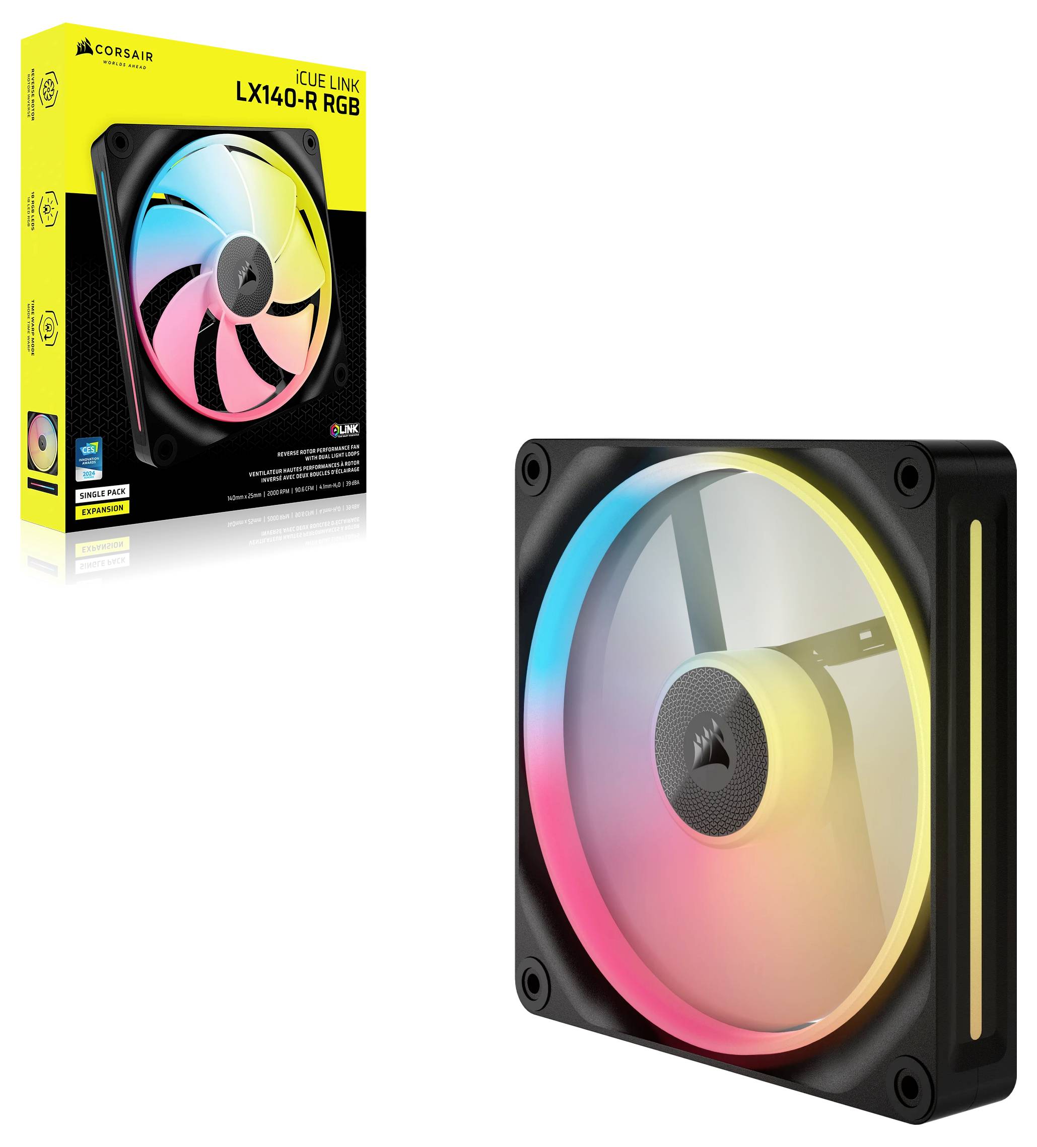 RGB-Computerlüfter mit beleuchteten Klingen, Produktverpackung im Hintergrund, zeigt Marke 