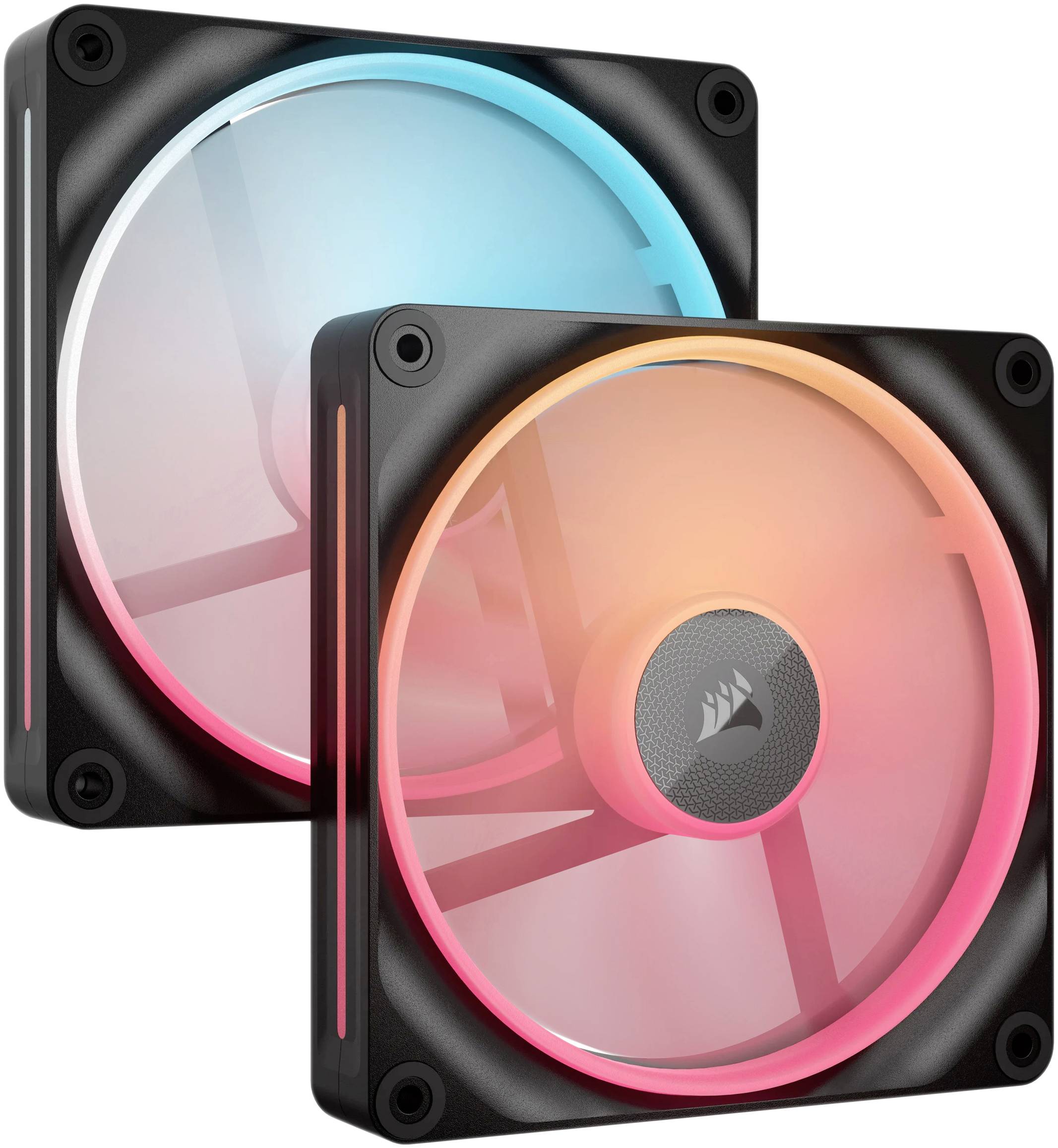 Zwei PC-Lüfter mit RGB-Beleuchtung; einer leuchtet blau, der andere orange. Sie sind übereinander gestapelt und betonen Beleuchtungseffekte.