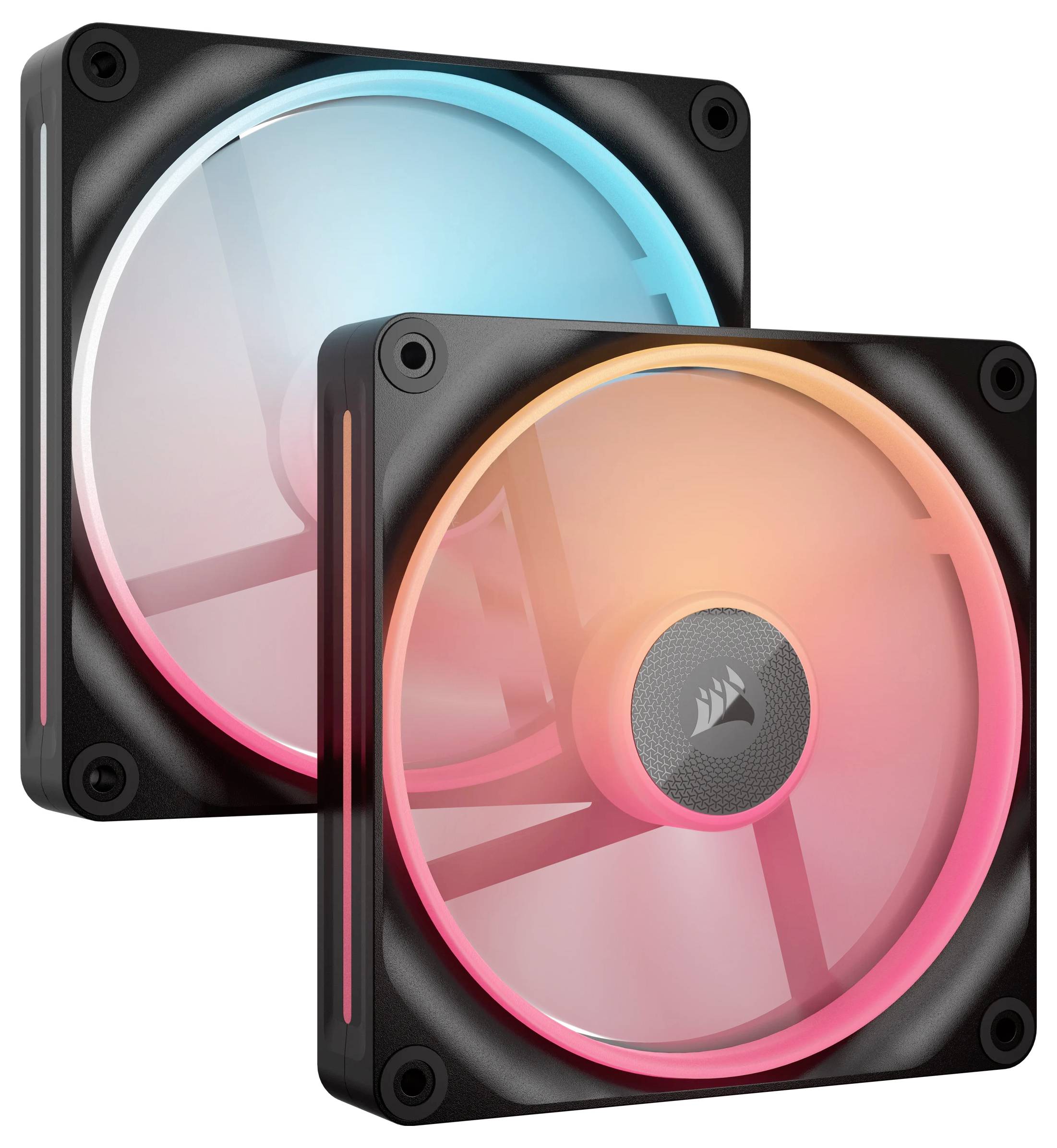 Zwei Computerlüfter mit farbiger LED-Beleuchtung, einer blau, der andere orange. Sie sind übereinander angeordnet und zeigen das Design.