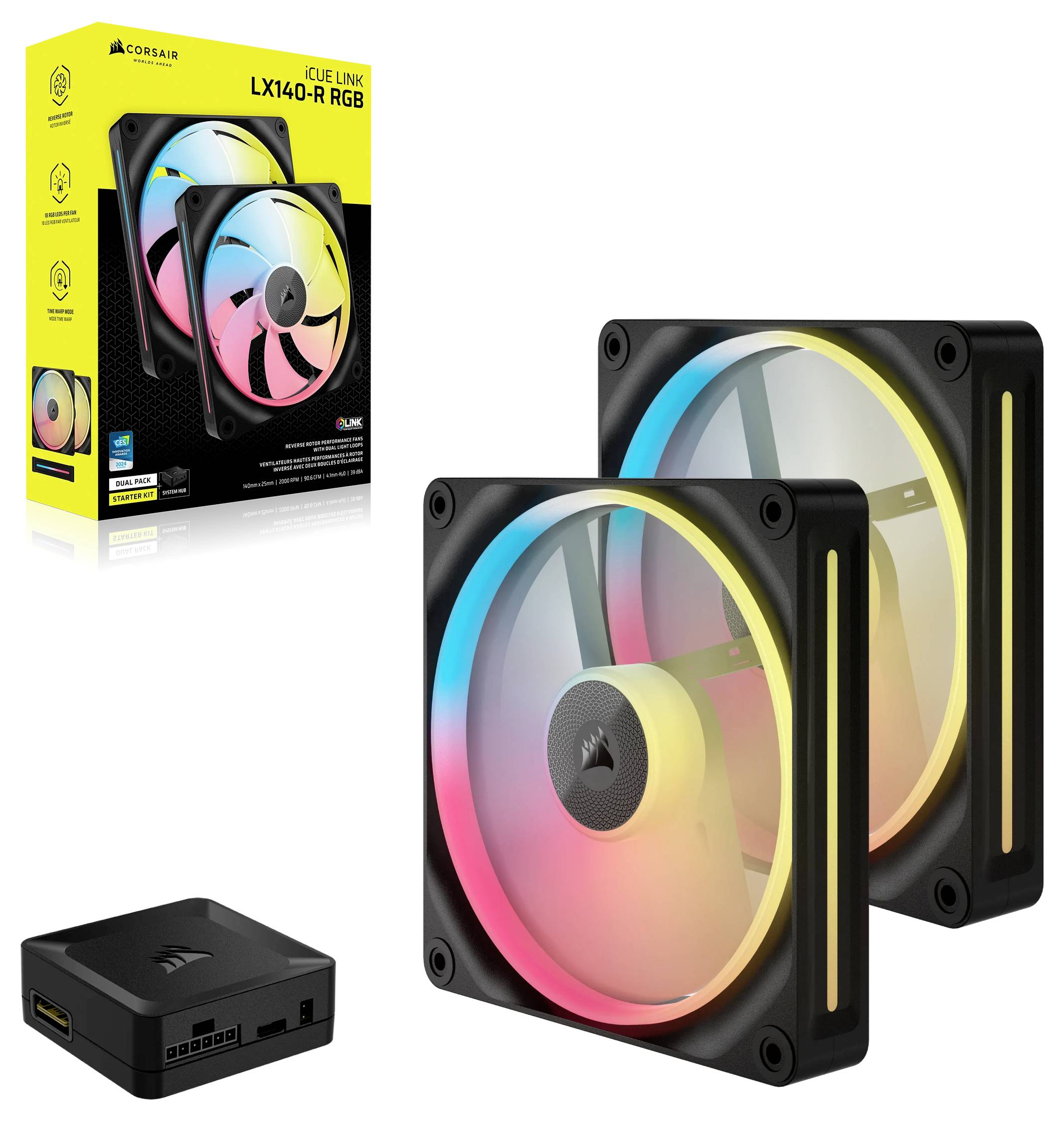 Corsair Lüfterset mit RGB-Beleuchtung, bestehend aus zwei Lüftern und Steuergerät. Verpackung im Hintergrund mit Produktabbildung.