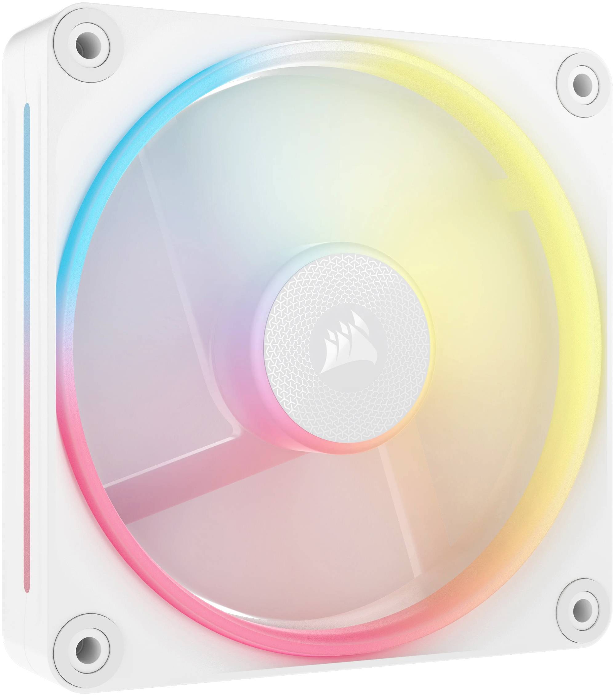 Ein leuchtender Computerlüfter in einem weißen Gehäuse, der in den Farben Blau, Gelb und Rot leuchtet.