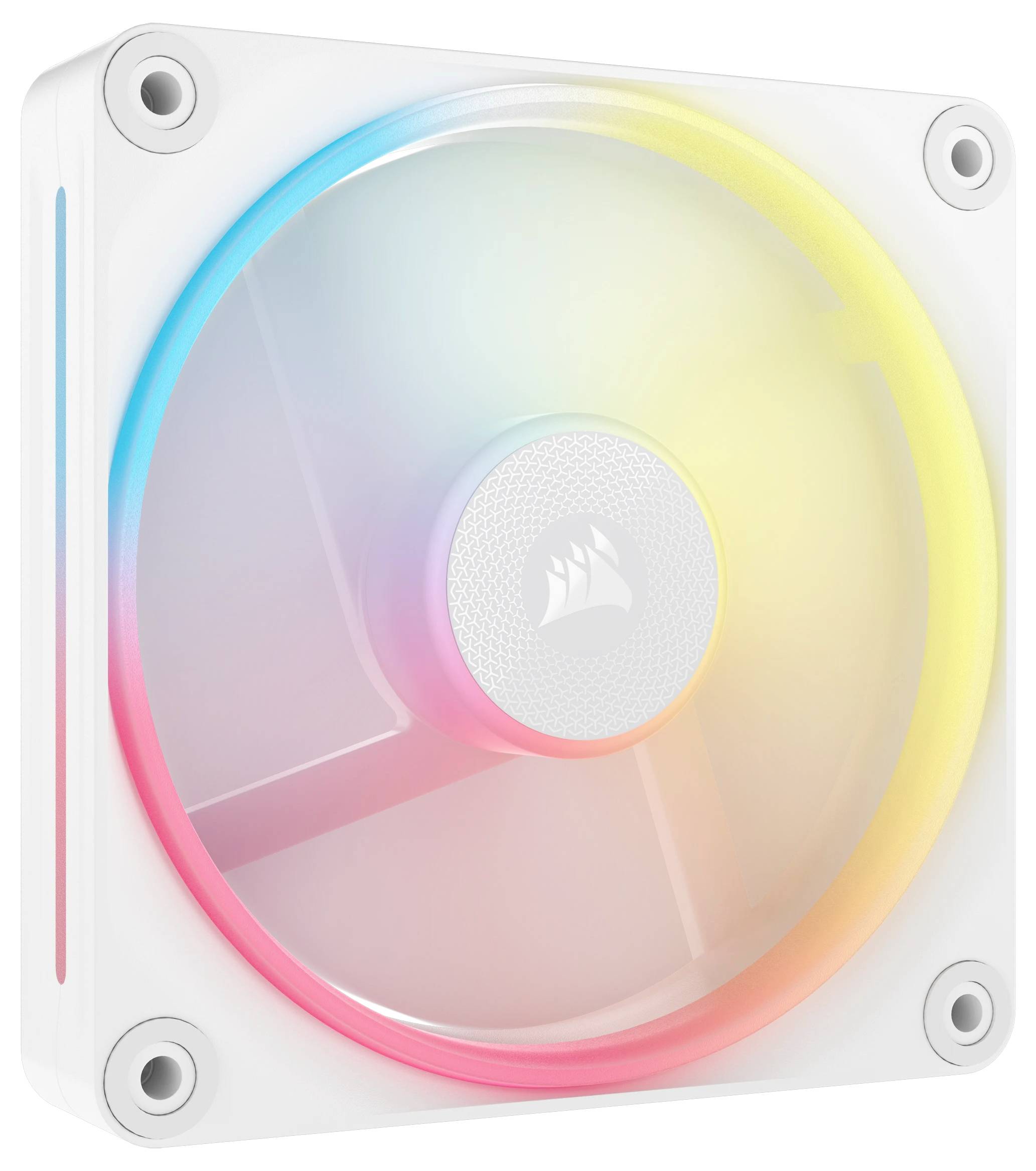 PC-Gehäuselüfter mit weißem Rahmen, leuchtenden RGB-LEDs in Blau, Gelb und Rosa. Sichtbar von vorne. Software-gesteuert.