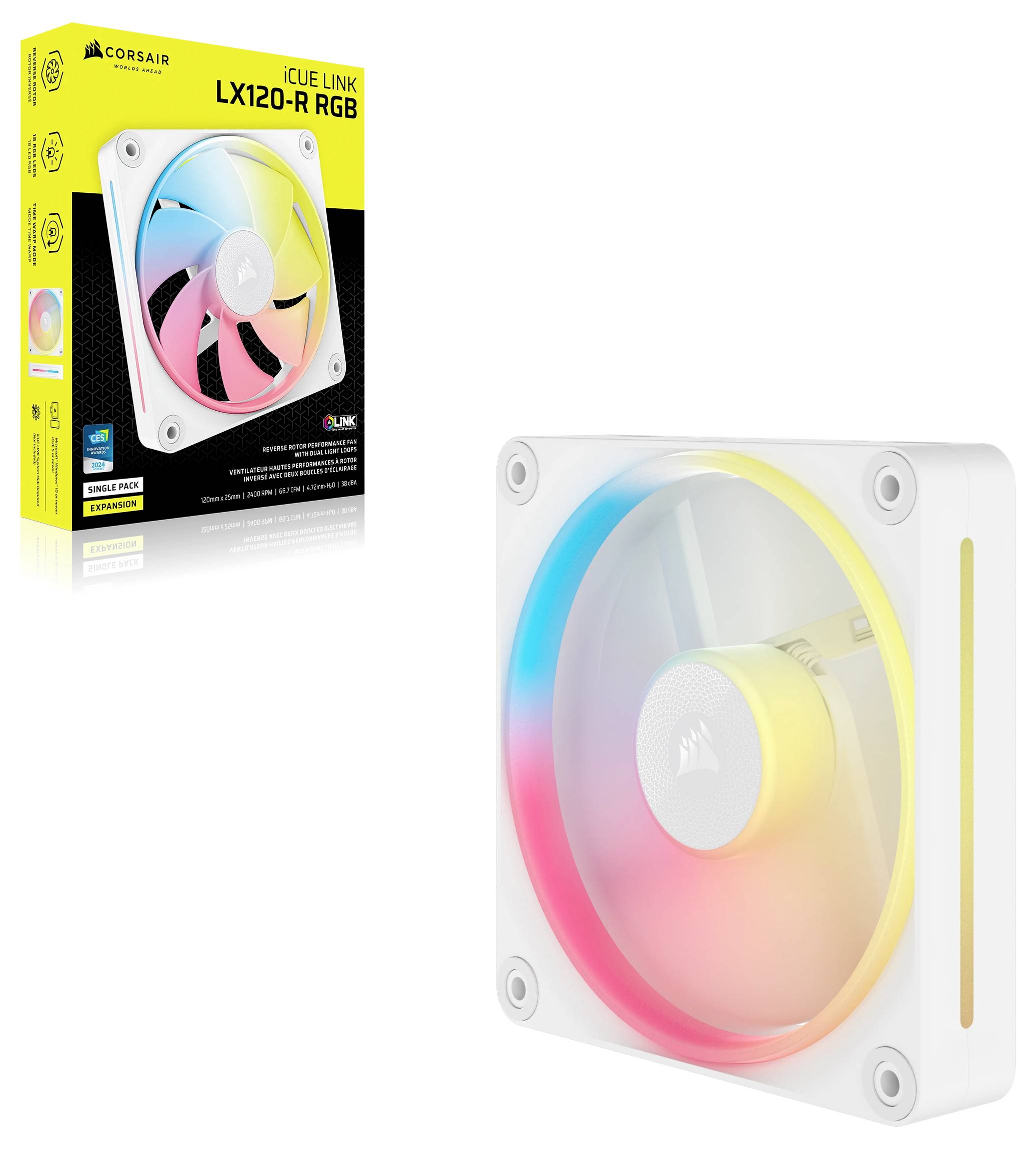 Gehäuselüfter 'Corsair iCUE LINK LX120-R RGB' in Weiß, mit bunter RGB-Beleuchtung. Verpackung und Lüfter abgebildet.