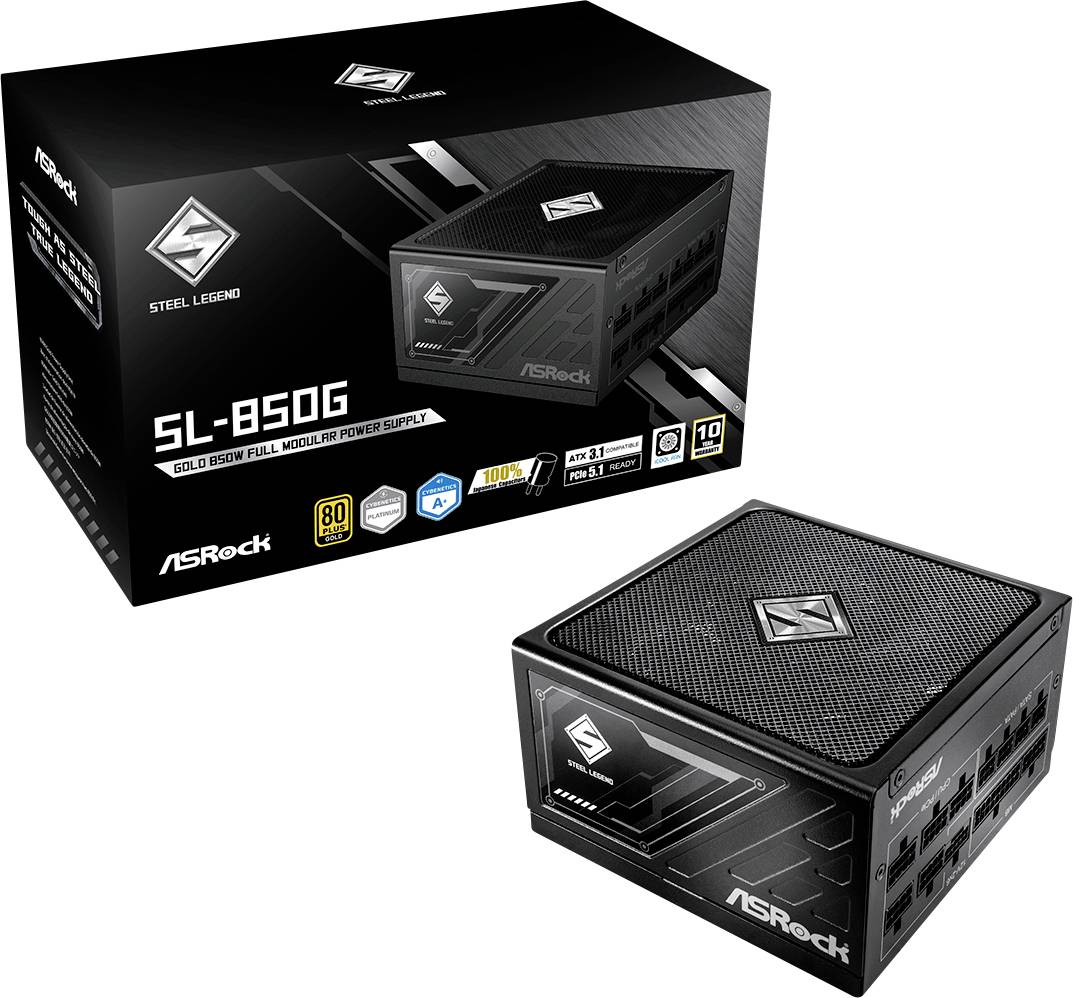 'ASRock SL-850G' Vollmodulares Netzteil, 850 Watt, 80 Plus Gold Zertifizierung, schwarze Verpackung mit Produktbild und Spezifikationen.