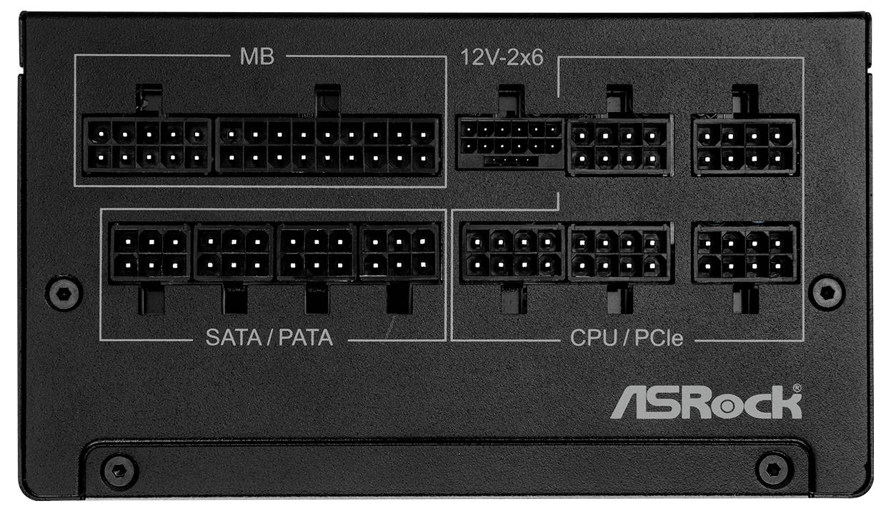 Rückseite eines ASRock-Netzteils mit Anschlüssen für MB, 12V-2x6, SATA/PATA und CPU/PCIe.