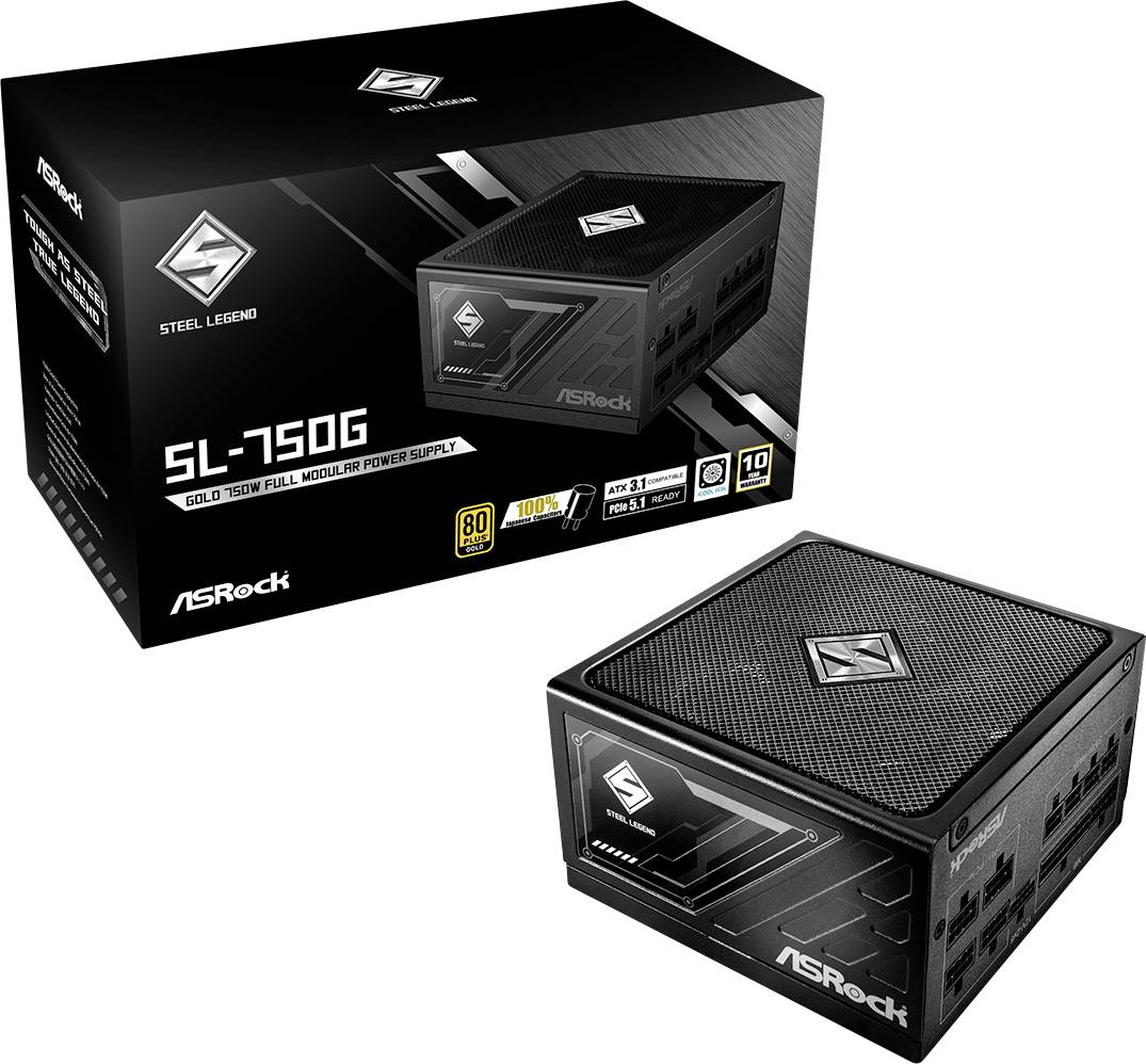 'ASRock SL-750G' Netzteil mit 750 Watt, modular, 80 Plus Gold zertifiziert, abgebildet neben seiner Verpackung.