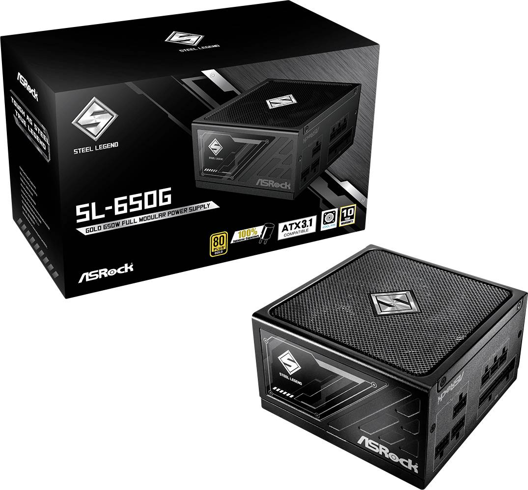 Schwarzes Computer-Netzteil 'ASRock SL-650G' mit 650W Leistung und modularem Design, abgebildet neben der passenden Verpackung.