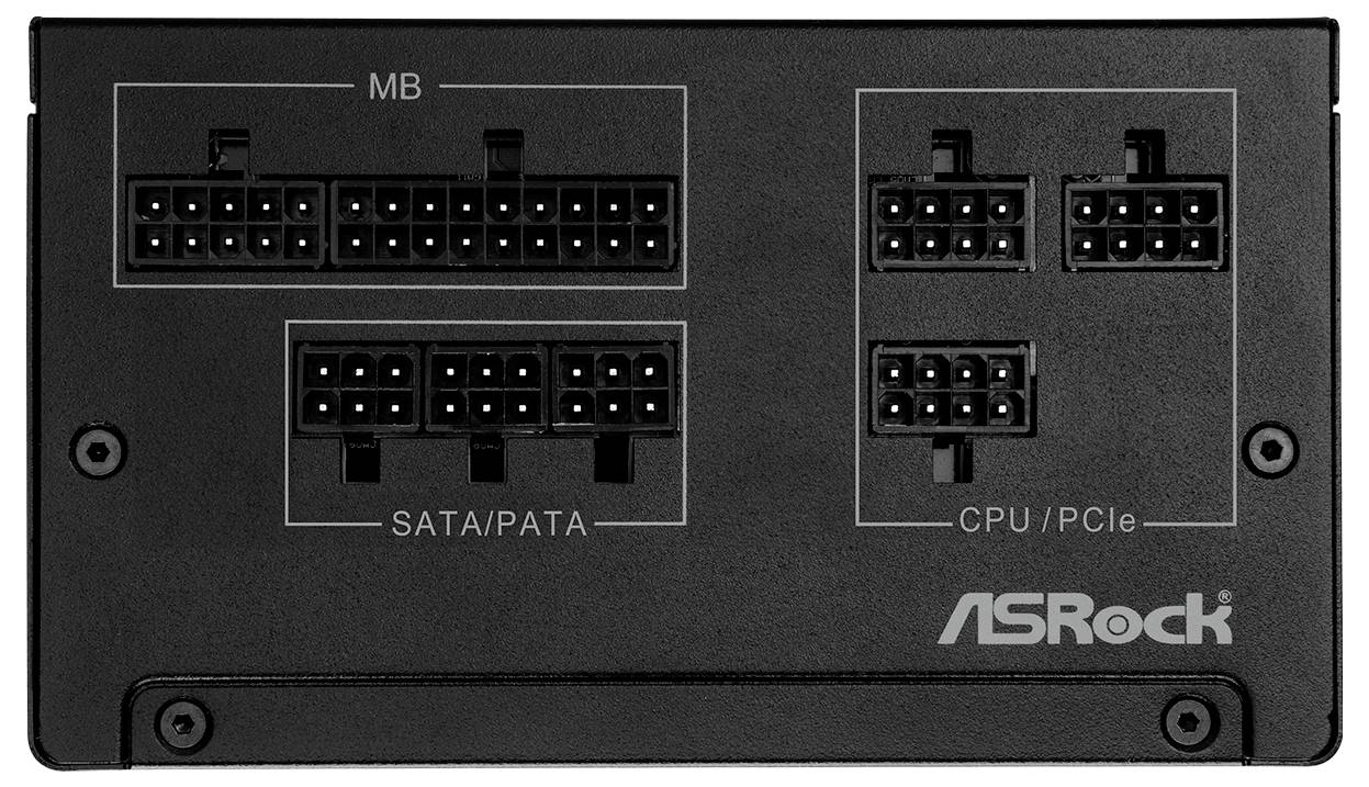 Schwarzes elektronisches Bauteil mit Anschlüssen, beschriftet als 'MB', 'SATA/PATA' und 'CPU/PCIe'. Marke ASRock unten rechts.