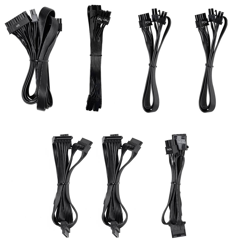Sechs verschiedene schwarze Computerkabel für CPU, PCI und SATA mit verschiedenen Anschlüssen, nebeneinander aufgereiht.