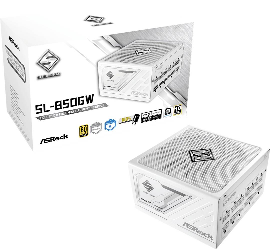 Weiße, vollmodulare PC-Netzteil-Verpackung von ASRock mit 850W Leistung, Gold-Zertifizierung und geräuscharmem Design.