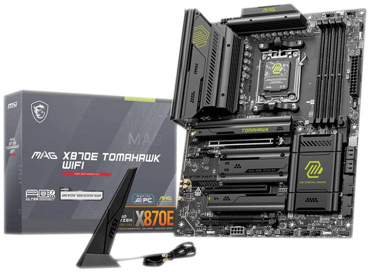 Hauptbild zeigt das MSI MAG X670E Tomahawk WiFi-Motherboard mit Verpackung und Antenne, geeignet für AMD AM5 Sockel, ATX-Formfaktor.