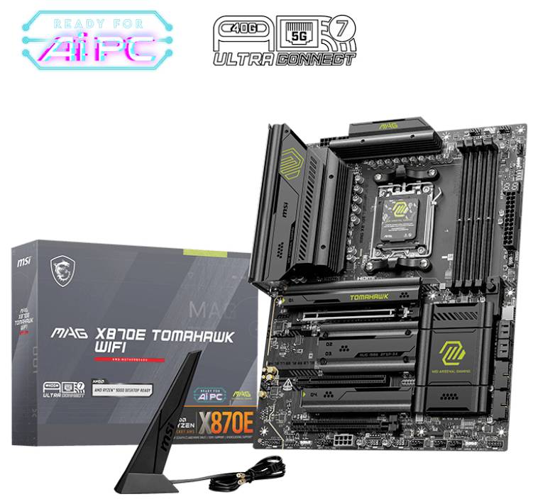 Ein MSI MAG X670E TOMAHAWK WIFI Motherboard neben der Verpackung. Enthält WIFI 6E, Ultra Connect, AI PC Support und USB-C.