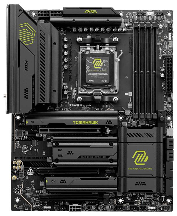 Eine schwarze Computer-Mainboard mit gelben Akzenten. Markennamen und Modell sind 'MSI MAG TOMAHAWK'. Sockel und Anschlüsse sind sichtbar.