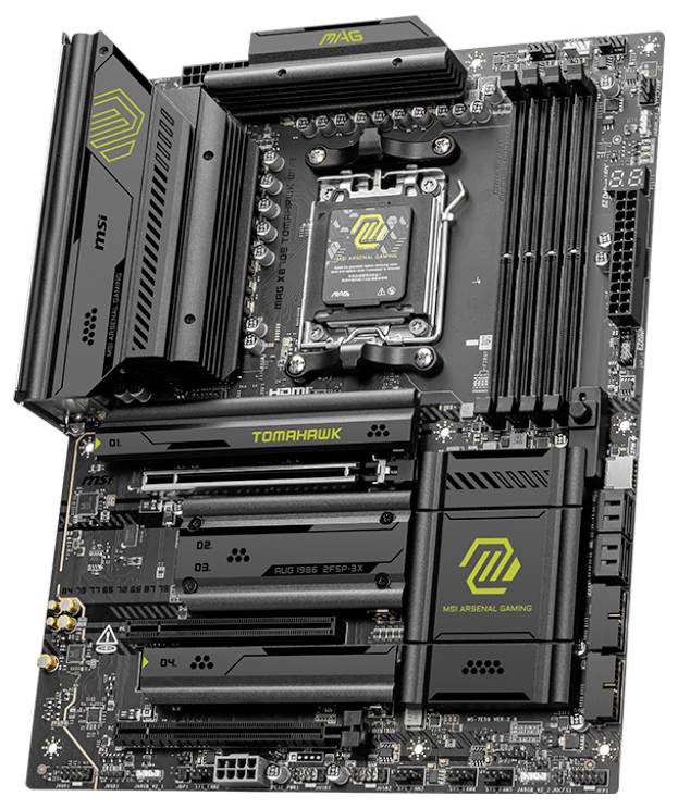 Ein Gaming-Motherboard mit mehreren PCIe-Steckplätzen, RAM-Steckplätzen, CPU-Sockel und Kühlkörpern, geeignet für Hochleistungs-PCs.